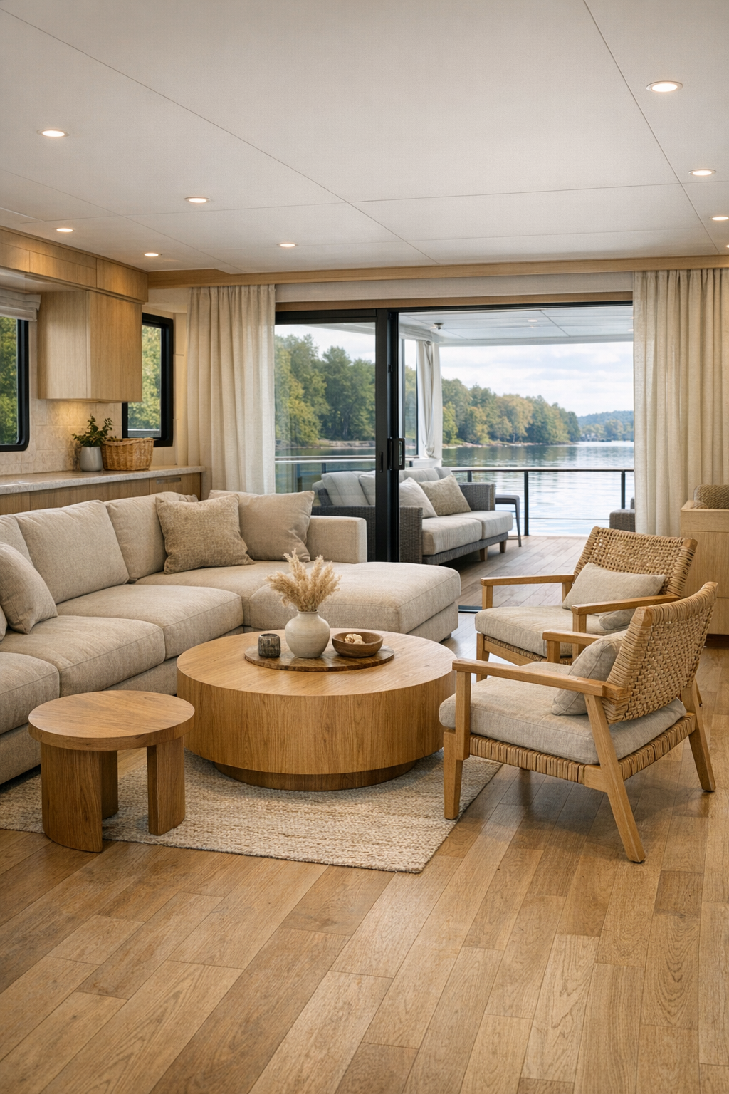 Bright accessible living room on a modern houseboat with lake views