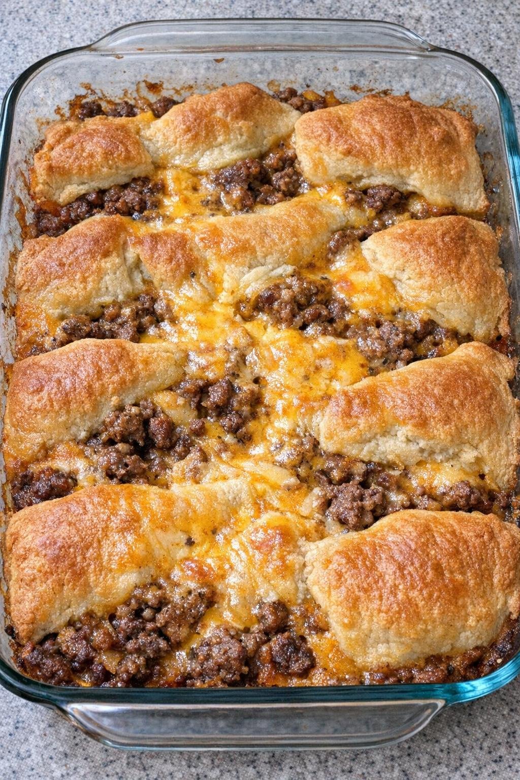 Oven baked beef crescent casserole in a glass dish