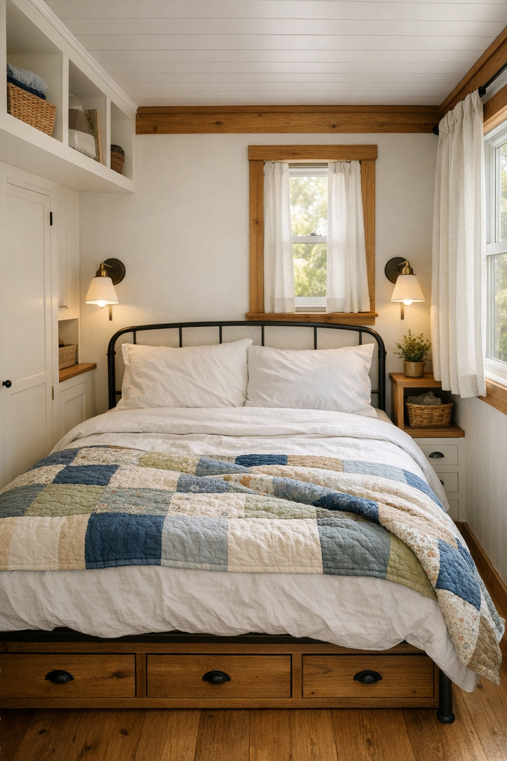 Peaceful tiny home bedroom with soft bedding and timber accents