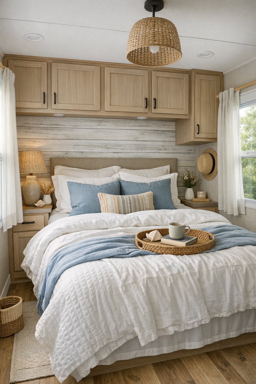 Serene coastal bedroom with layered white bedding, built-in storage, and soft blue accents