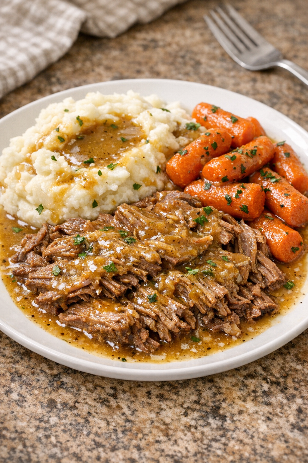 Finished Amish mustard beef plated with potatoes