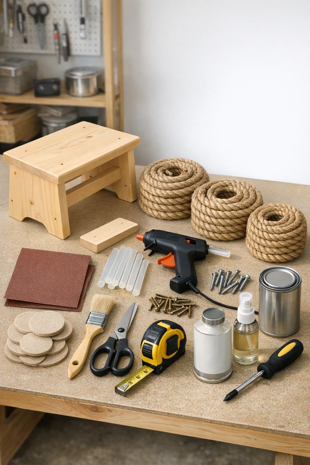 Materials for making a rope-wrapped step stool blanket ladder