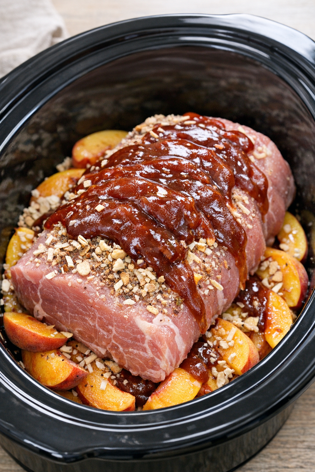 Pork in slow cooker with onion soup mix and barbecue sauce