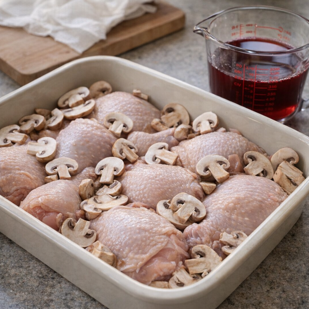 Prepared baking dish with raw chicken and mushrooms