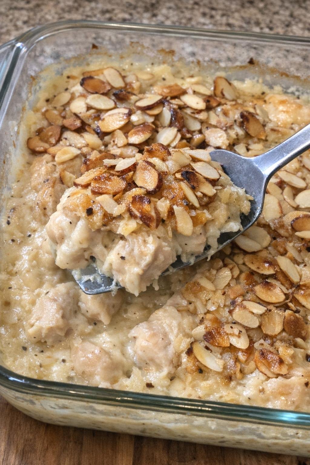 Chicken almondine in a glass baking dish