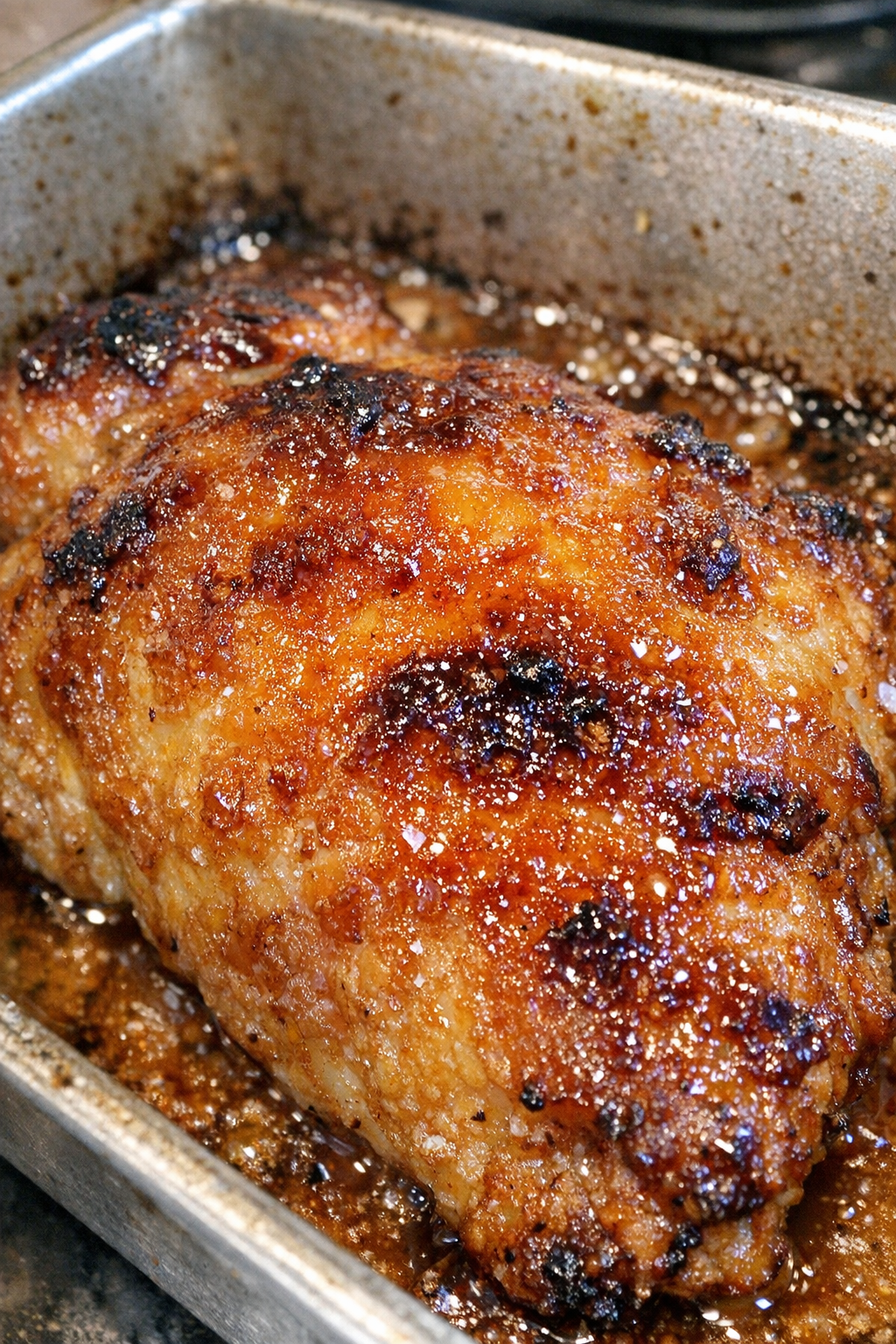 Roasted protein with glossy golden crust in a metal baking pan