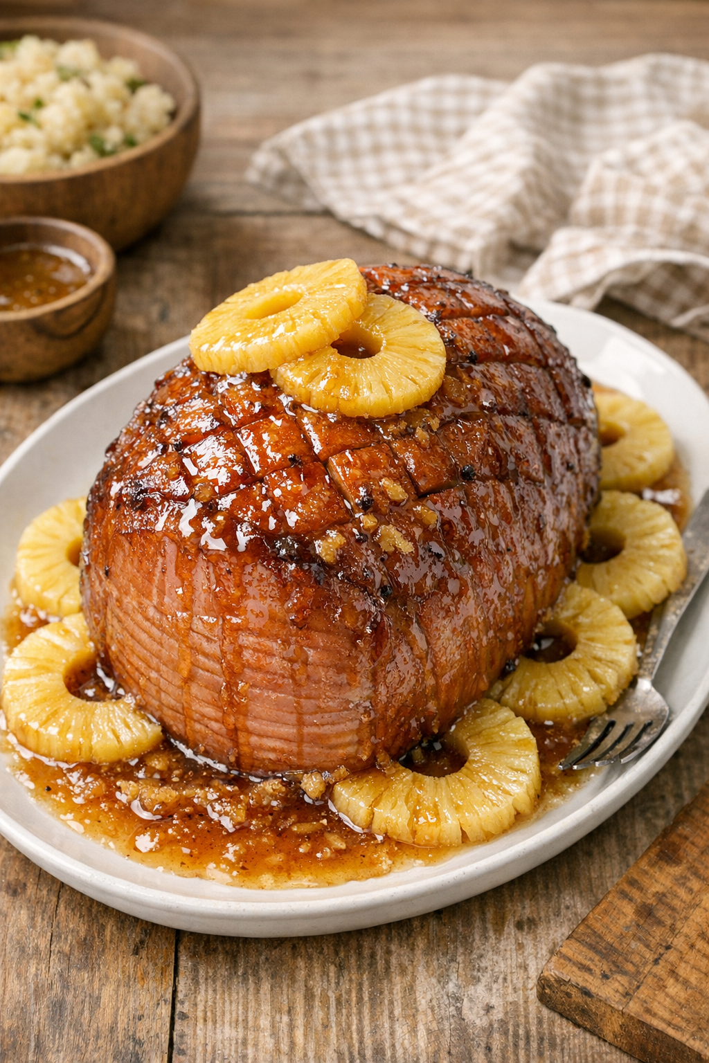 Finished glazed canned ham on a platter