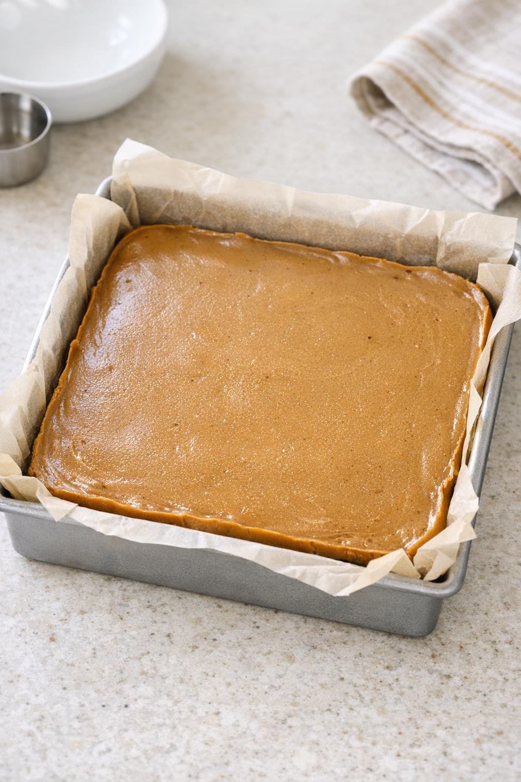 Chilled fudge in pan ready to slice