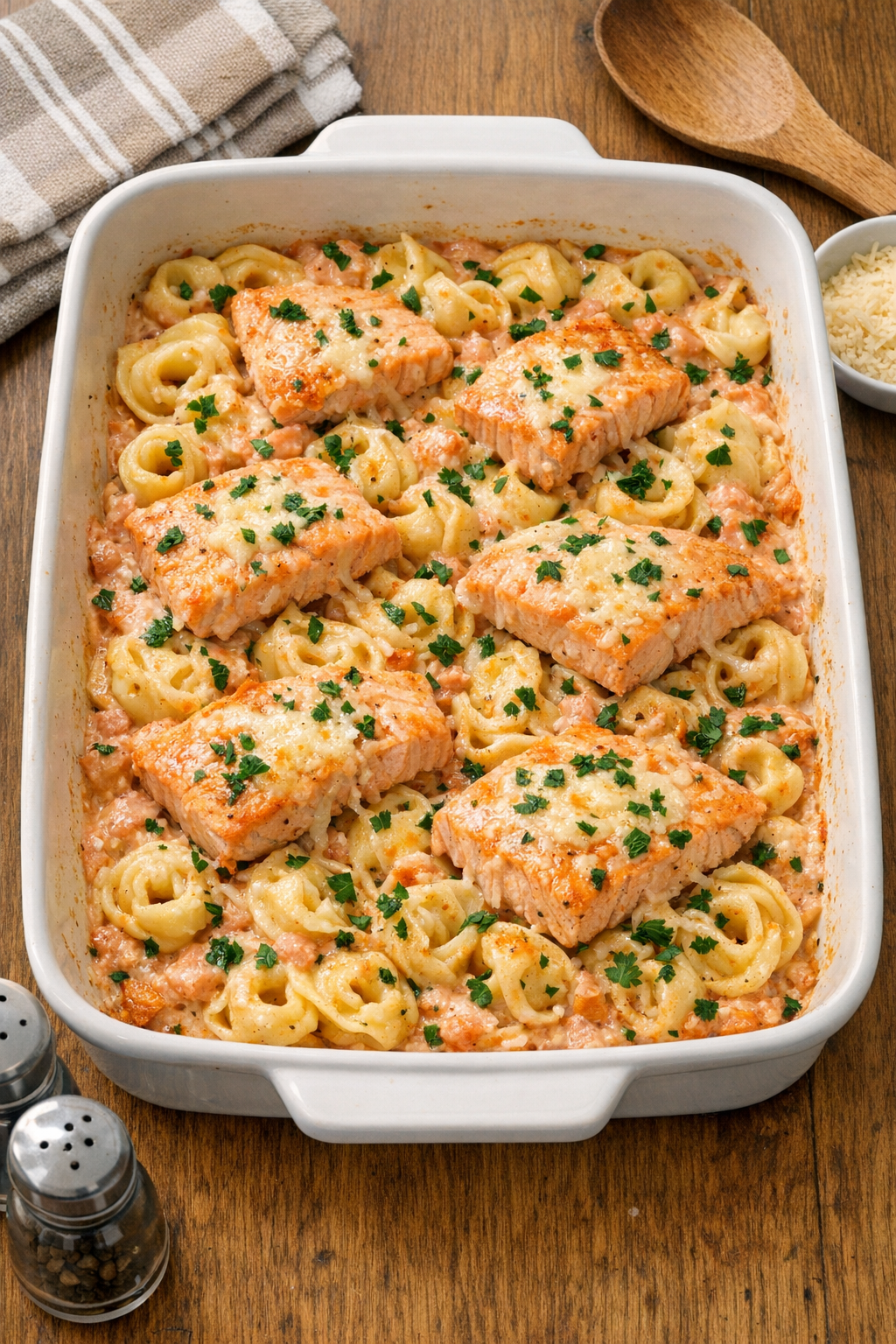 Finished baked salmon tortellini in a casserole dish