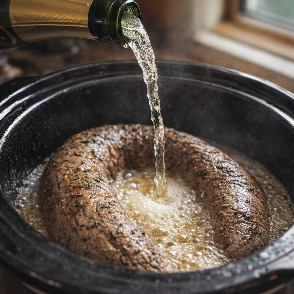 Champagne being poured over beef in a slow cooker