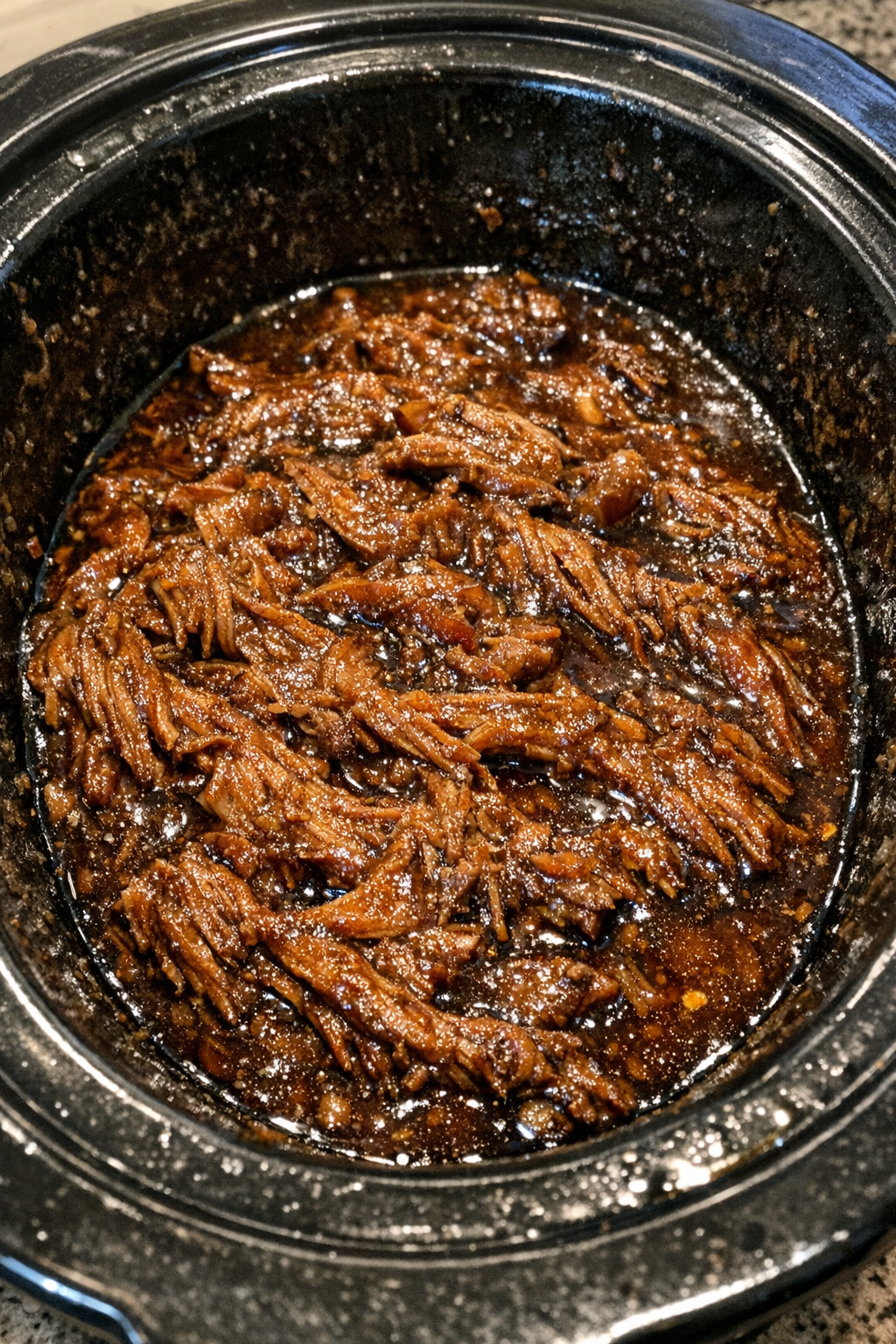 Slow cooker dish with protein ribbons in mahogany sauce