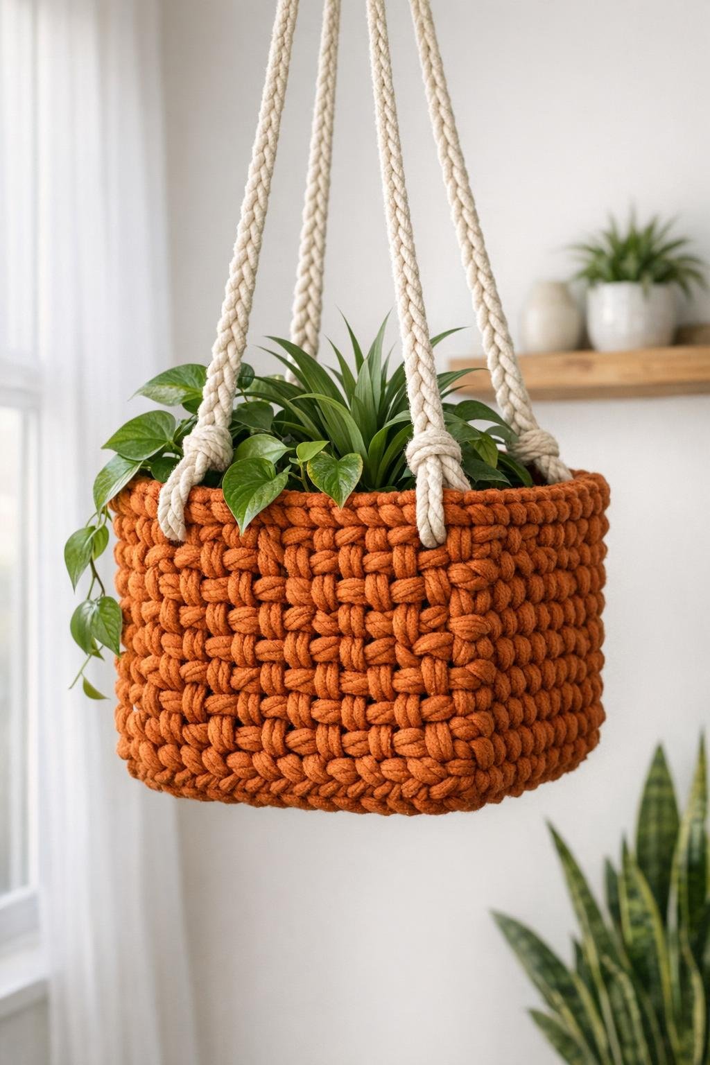 Finished crochet-covered hanging basket made from a milk crate