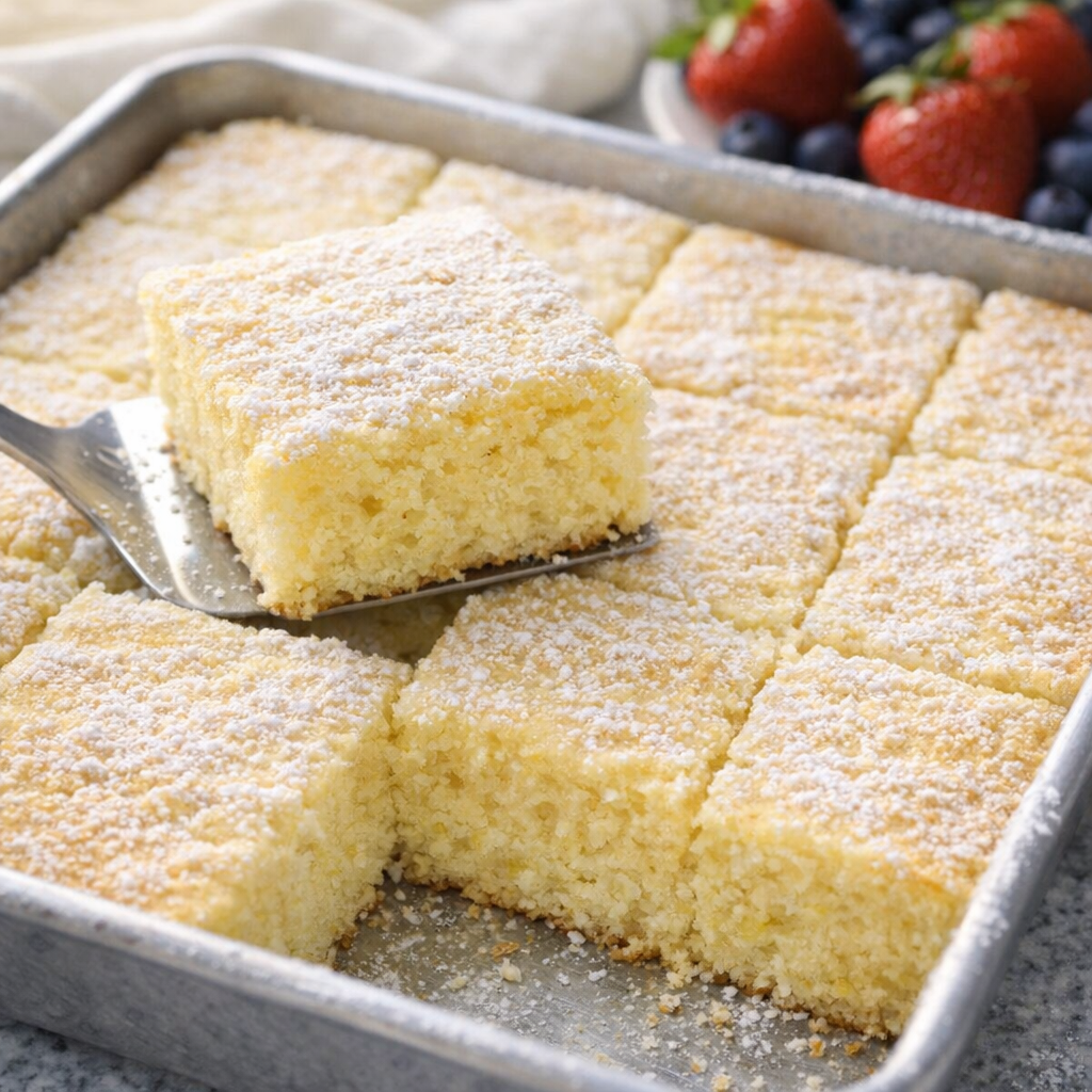 Lemon sheet cake cut into squares and ready to serve