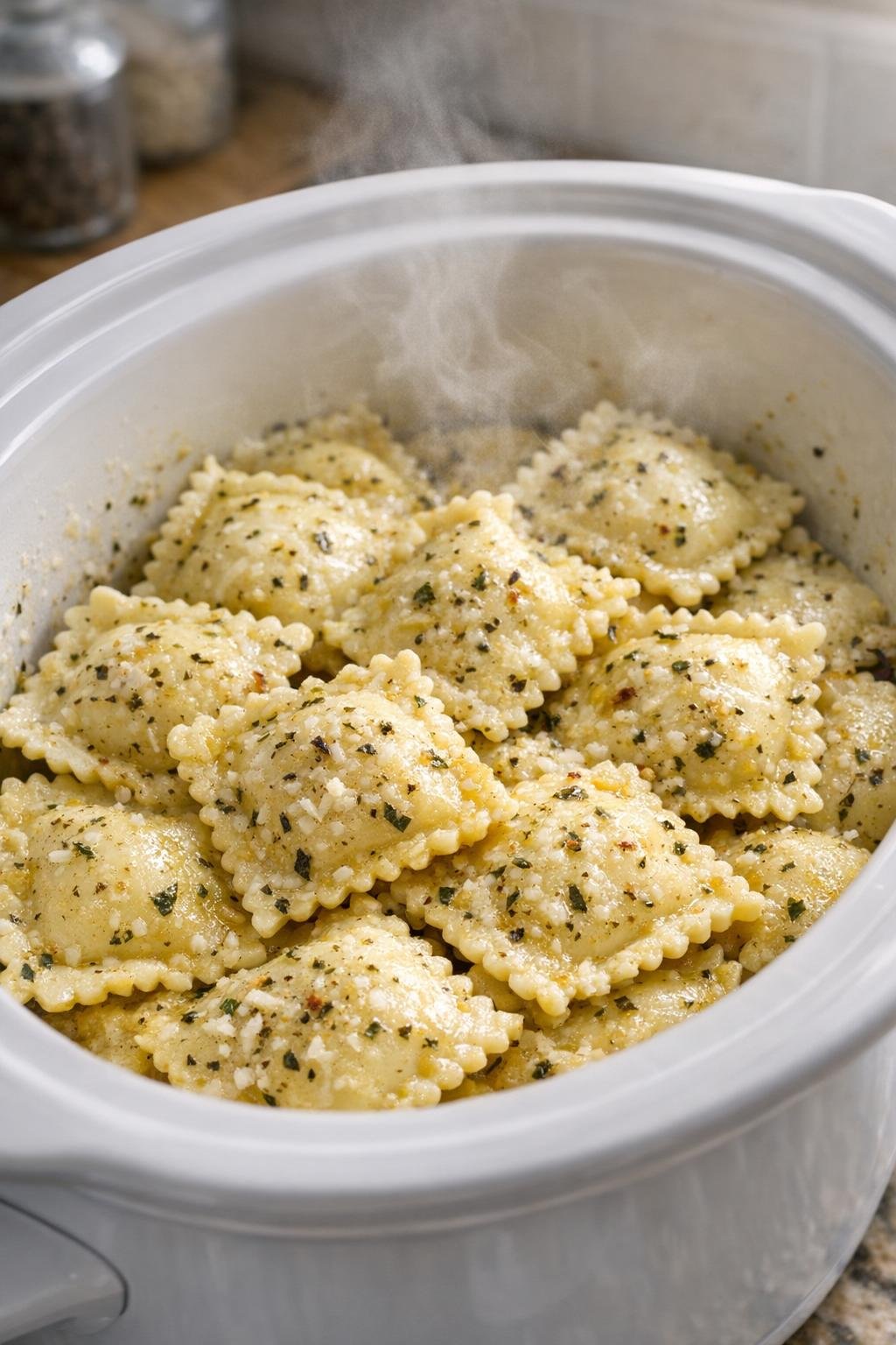 Gekookte ravioli met boter in de slowcooker