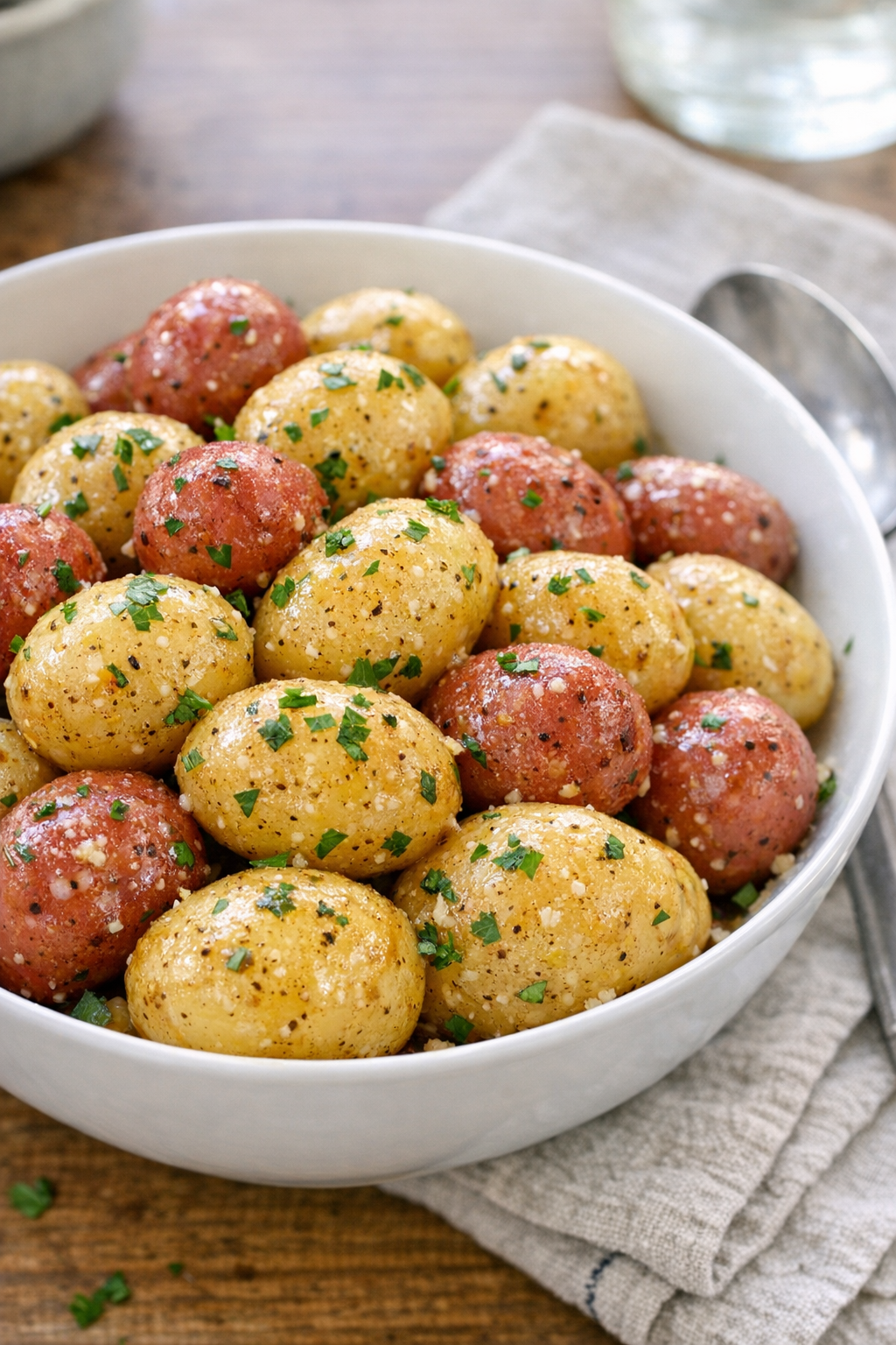 Finished slow cooker picnic potatoes in a serving bowl