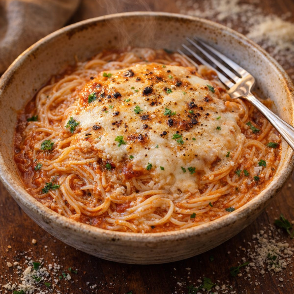 Slow cooker angel hair bake served in a rustic bowl