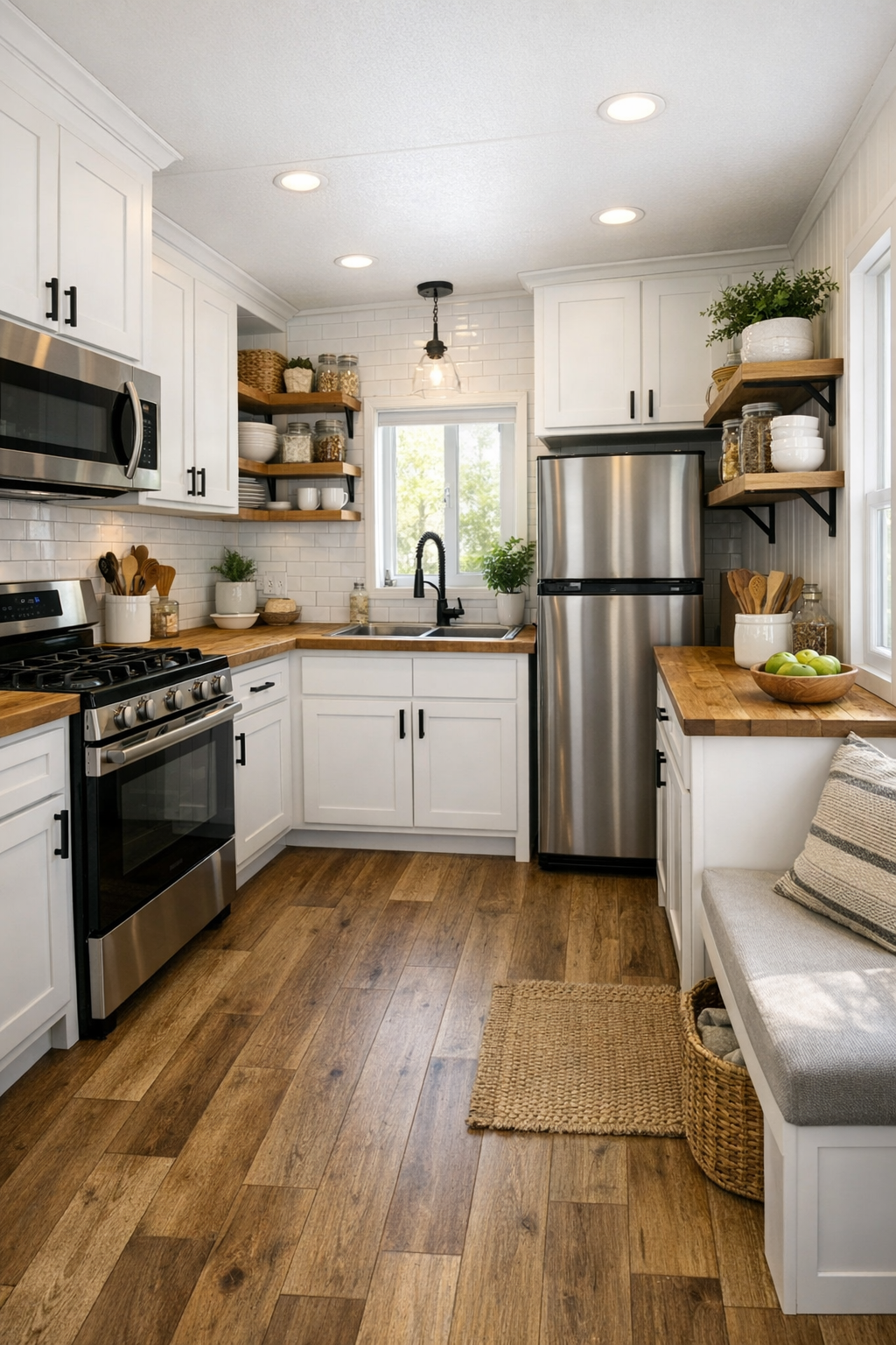 Small modern farmhouse kitchen with white cabinets and warm wood counters