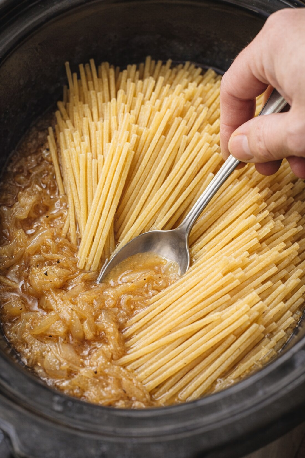 Broken spaghetti being tucked into onions in a slow cooker