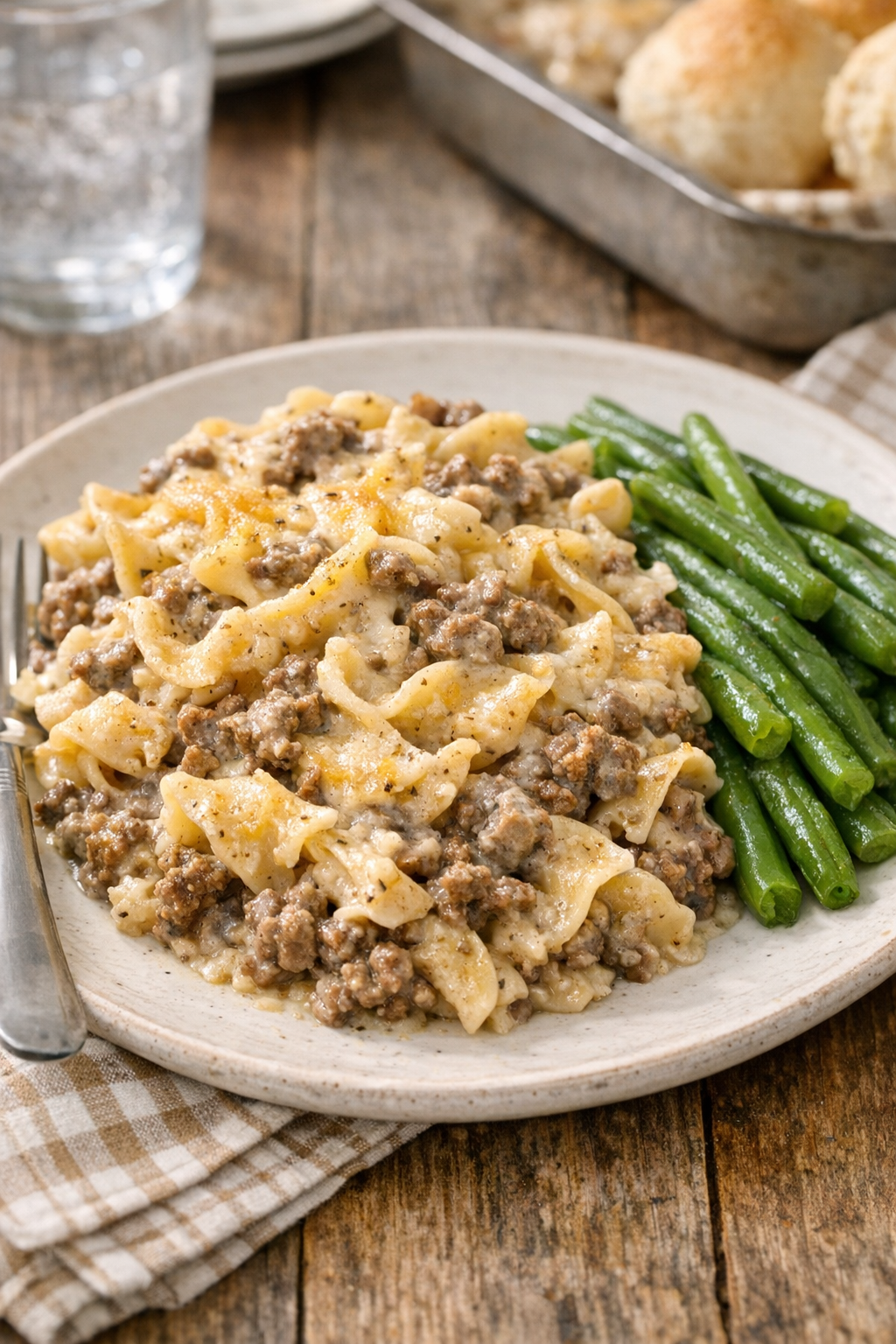 Plated serving of beef and noodle bake with green beans