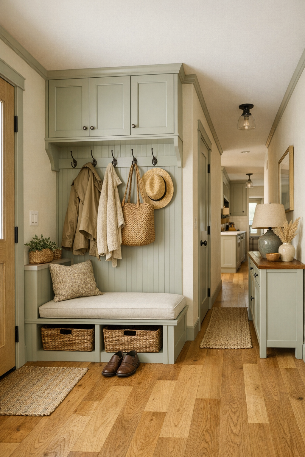 Tiny home entry and hallway with built-in bench, storage, and matching oak and willow finishes