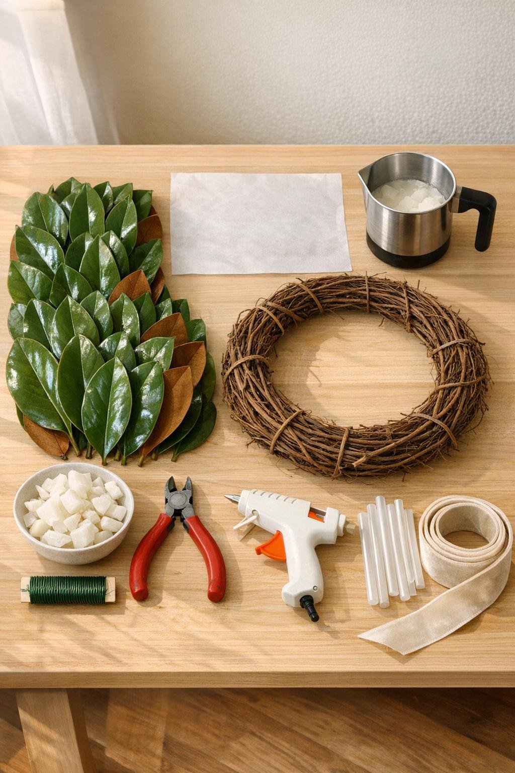 Materials for a waxed magnolia wreath laid out on a table