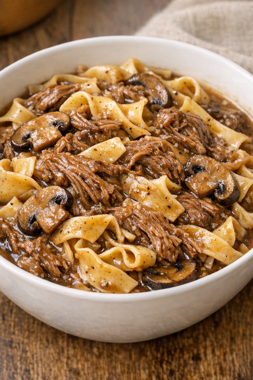 Beef gravy noodles with mushrooms