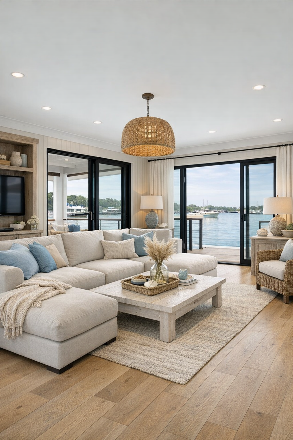 Bright coastal living room with wide open layout and pale wood finishes