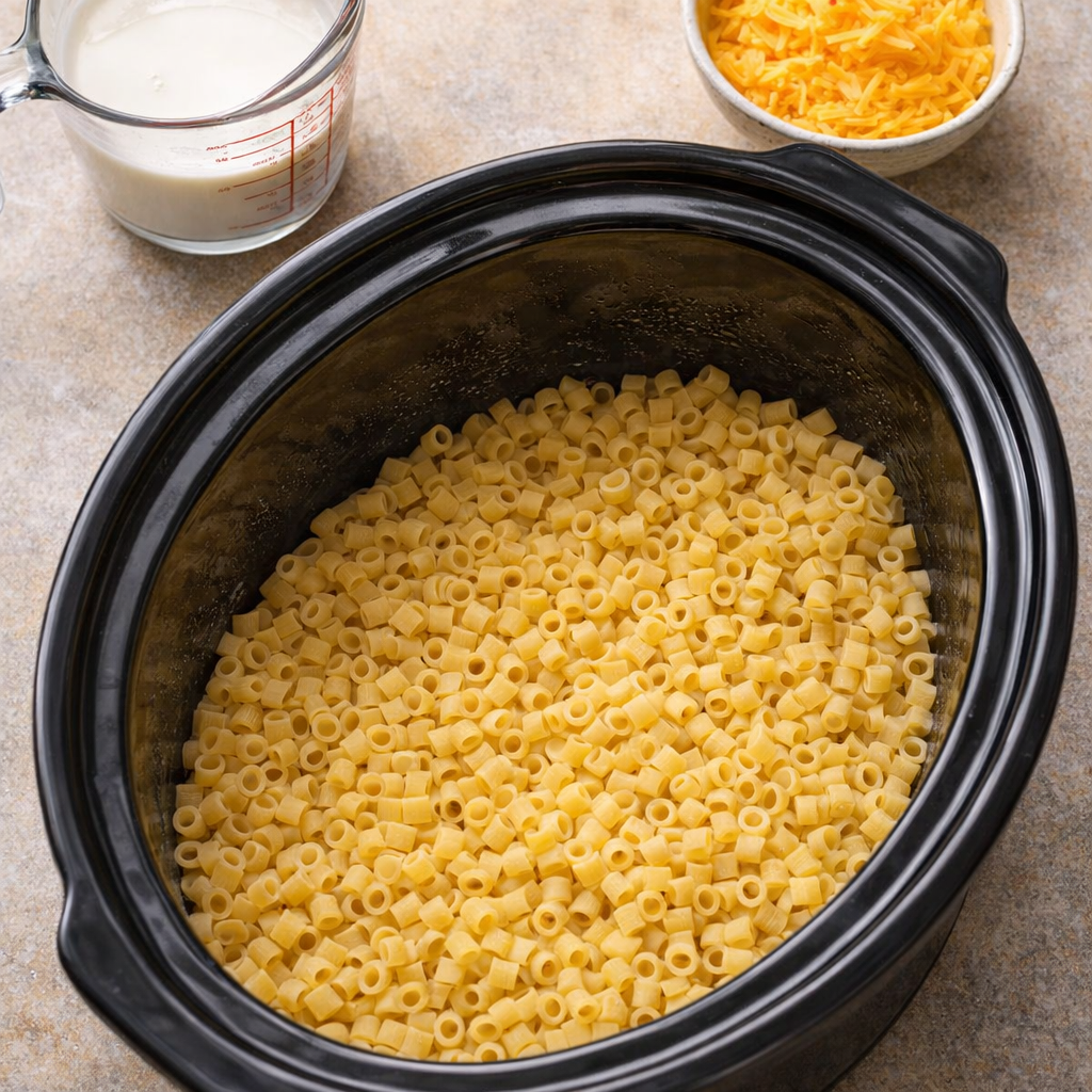 Greased slow cooker with uncooked ditalini ready to use