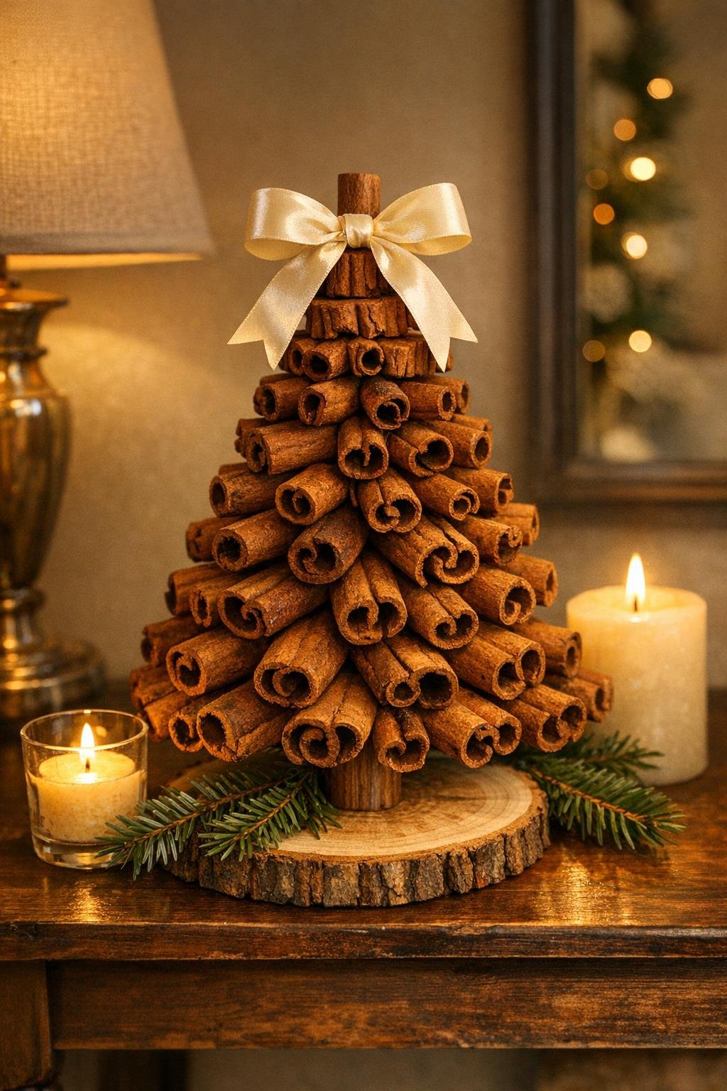 Finished cinnamon stick tabletop tree styled on a holiday table