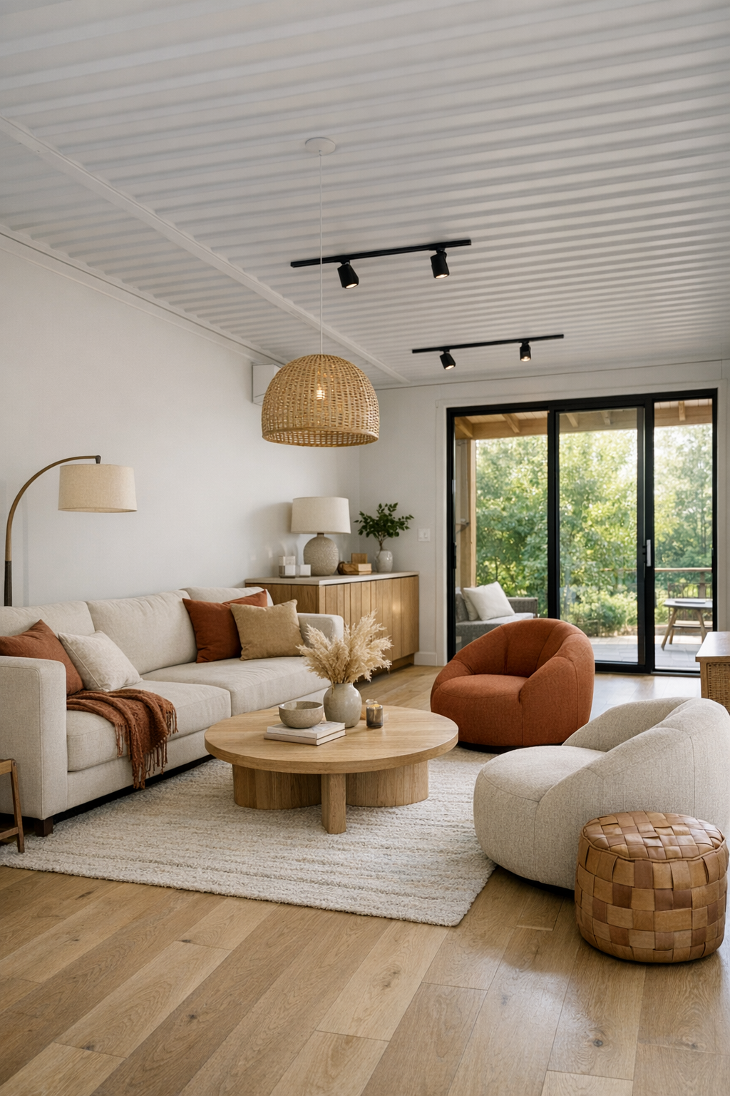 Warm accessible living room with soft rust accents and wide open layout