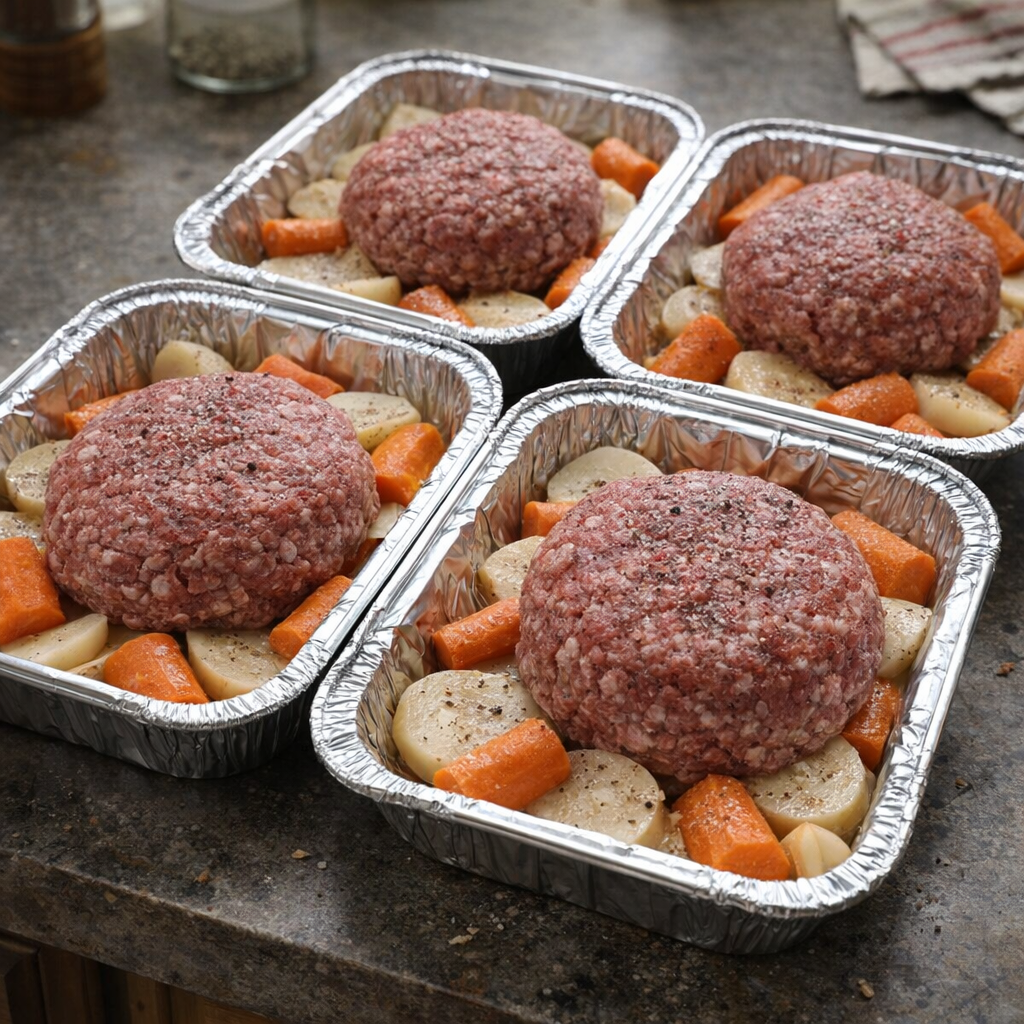 Assembled foil trays ready for the slow cooker