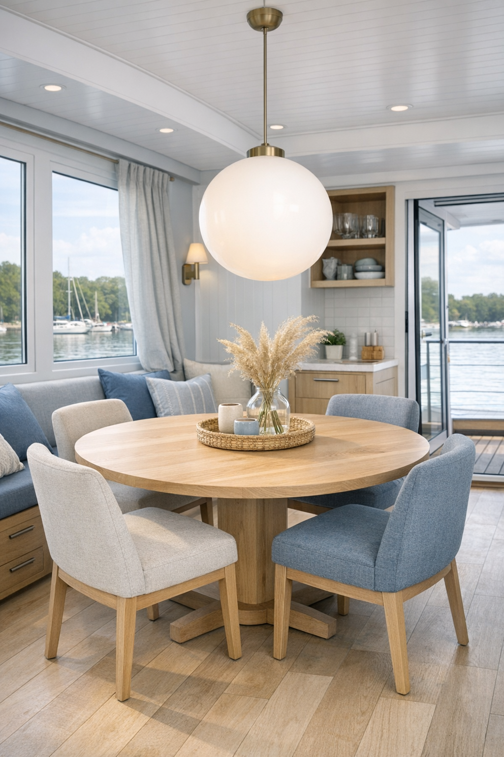 Modern coastal dining area with a round wood table, upholstered chairs, and soft pendant lighting