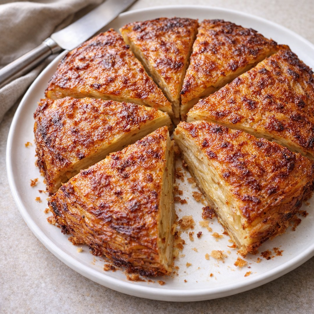 Golden potato galette sliced on a white serving plate