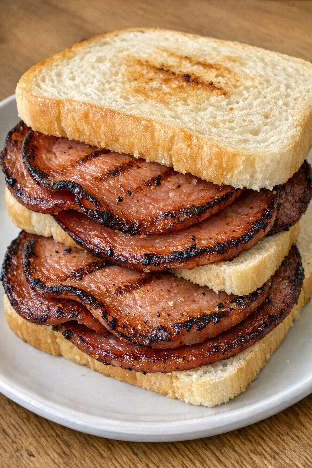 3-ingredient fried bologna sandwiches on a white ceramic plate
