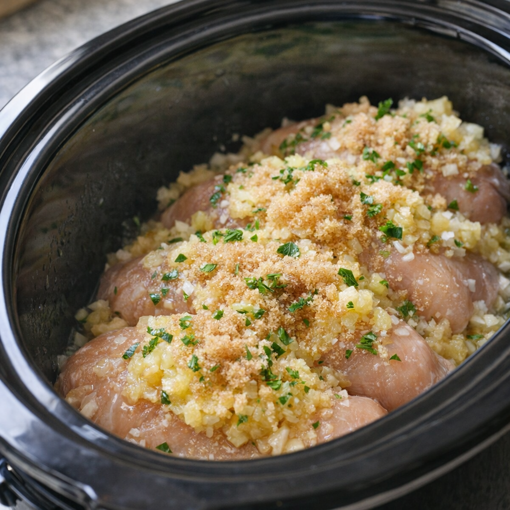 Chicken breasts layered in a slow cooker before cooking