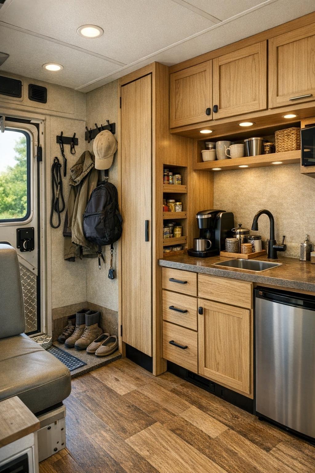 Camper utility and entry area with storage, hooks, and durable finishes