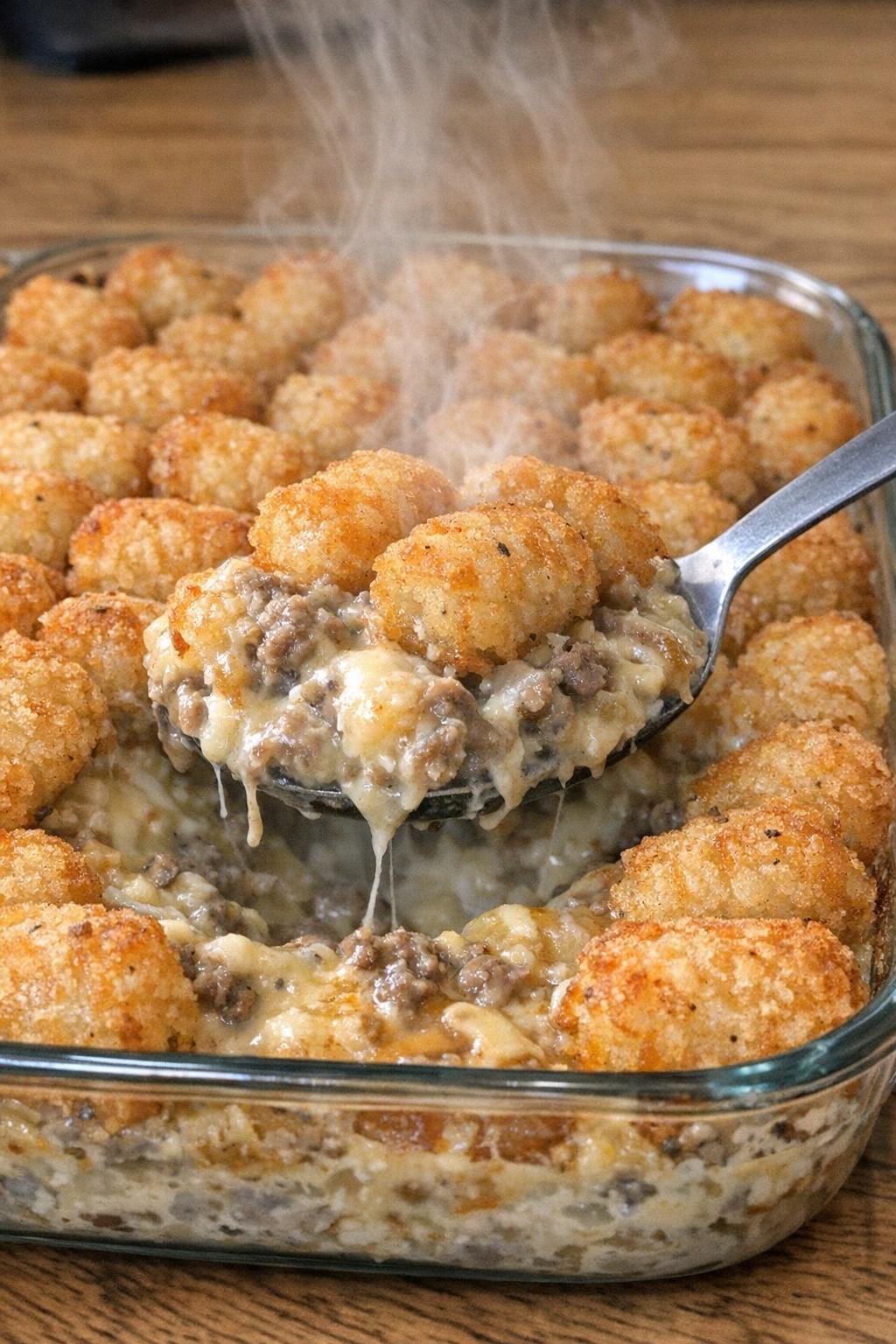 Crispy golden tater tot casserole in a glass baking dish
