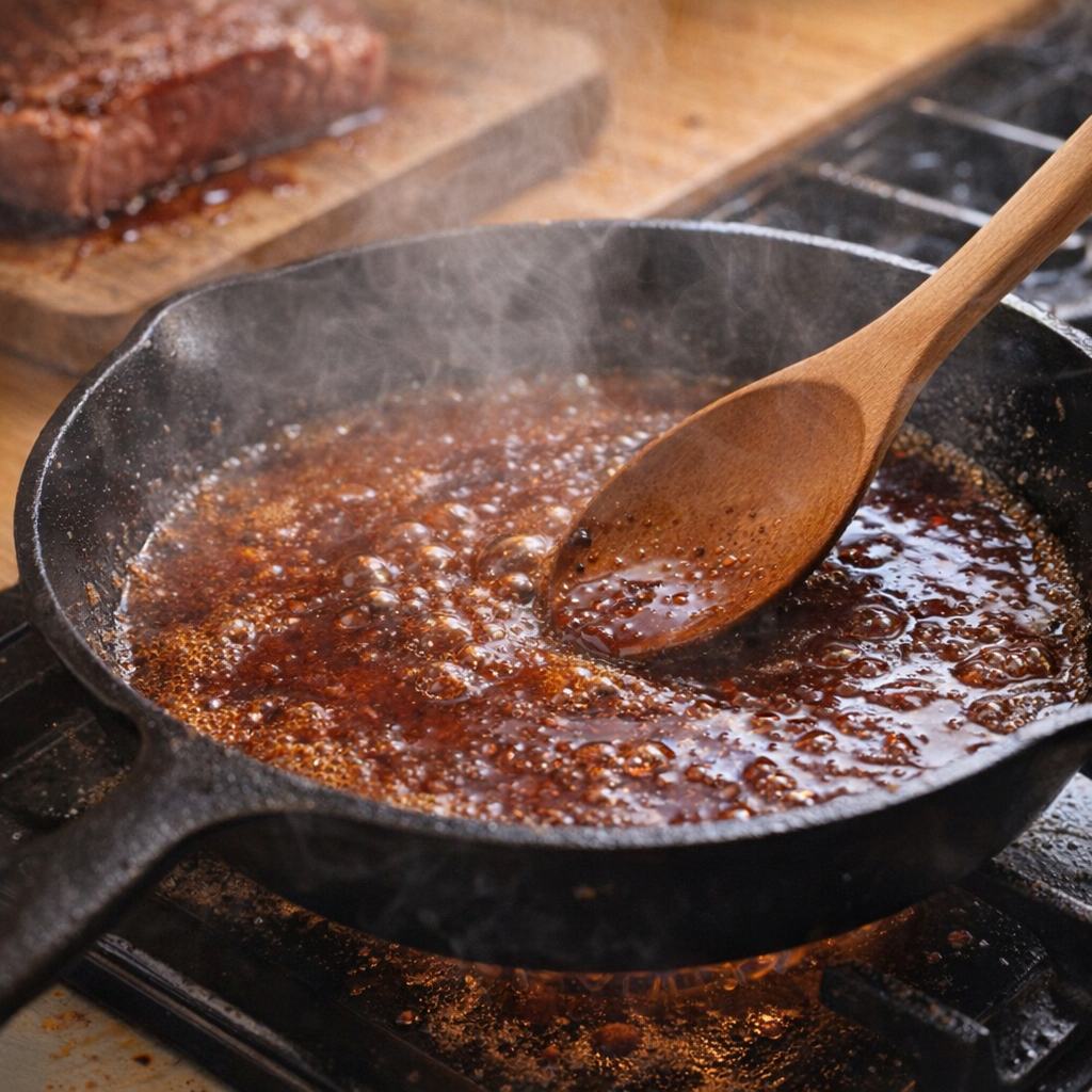 Pan sauce er lavet af bøfdrørninger i en stegepande