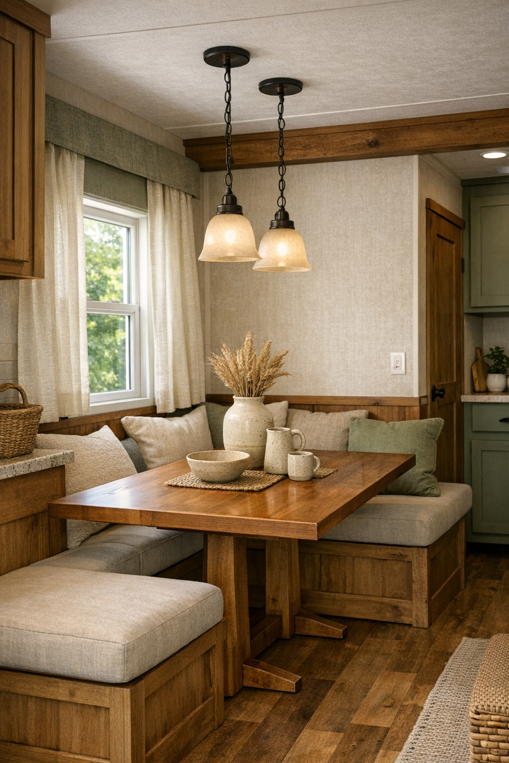 Small craftsman dining area with built-in seating and warm wood table
