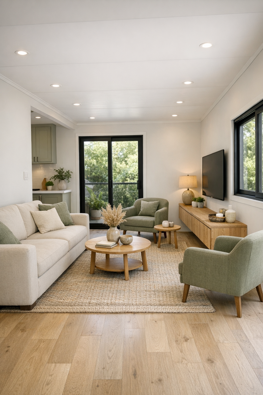 Warm modern living room with sage accents, pale oak floors, and large black-framed windows