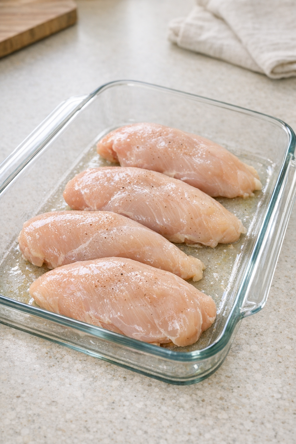 Raw chicken breasts arranged in a greased glass baking dish