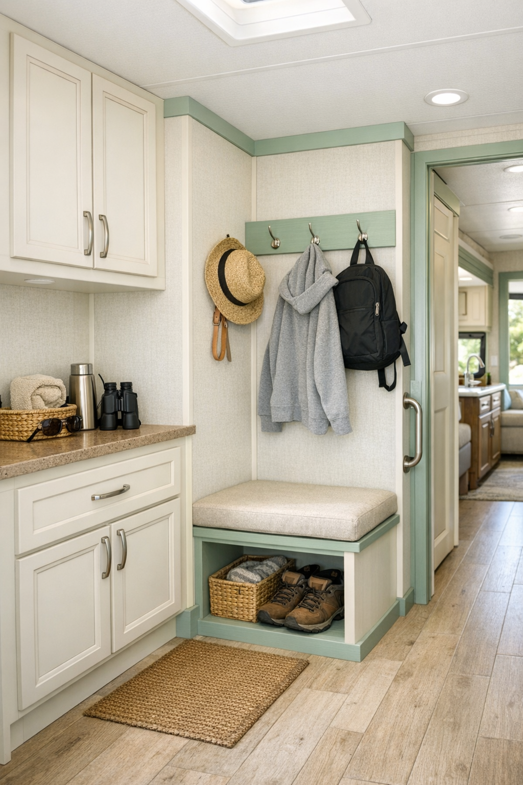 Smart RV transition area with built-in storage, ivory cabinetry, and mint details