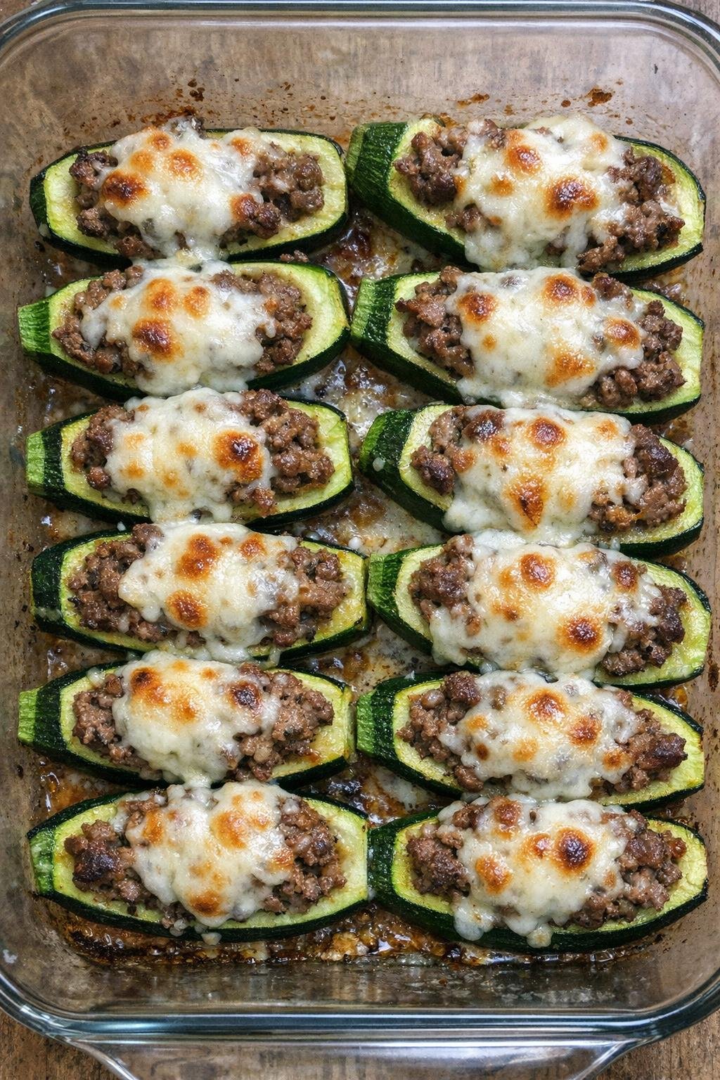 Oven baked beef zucchini boats with melted mozzarella