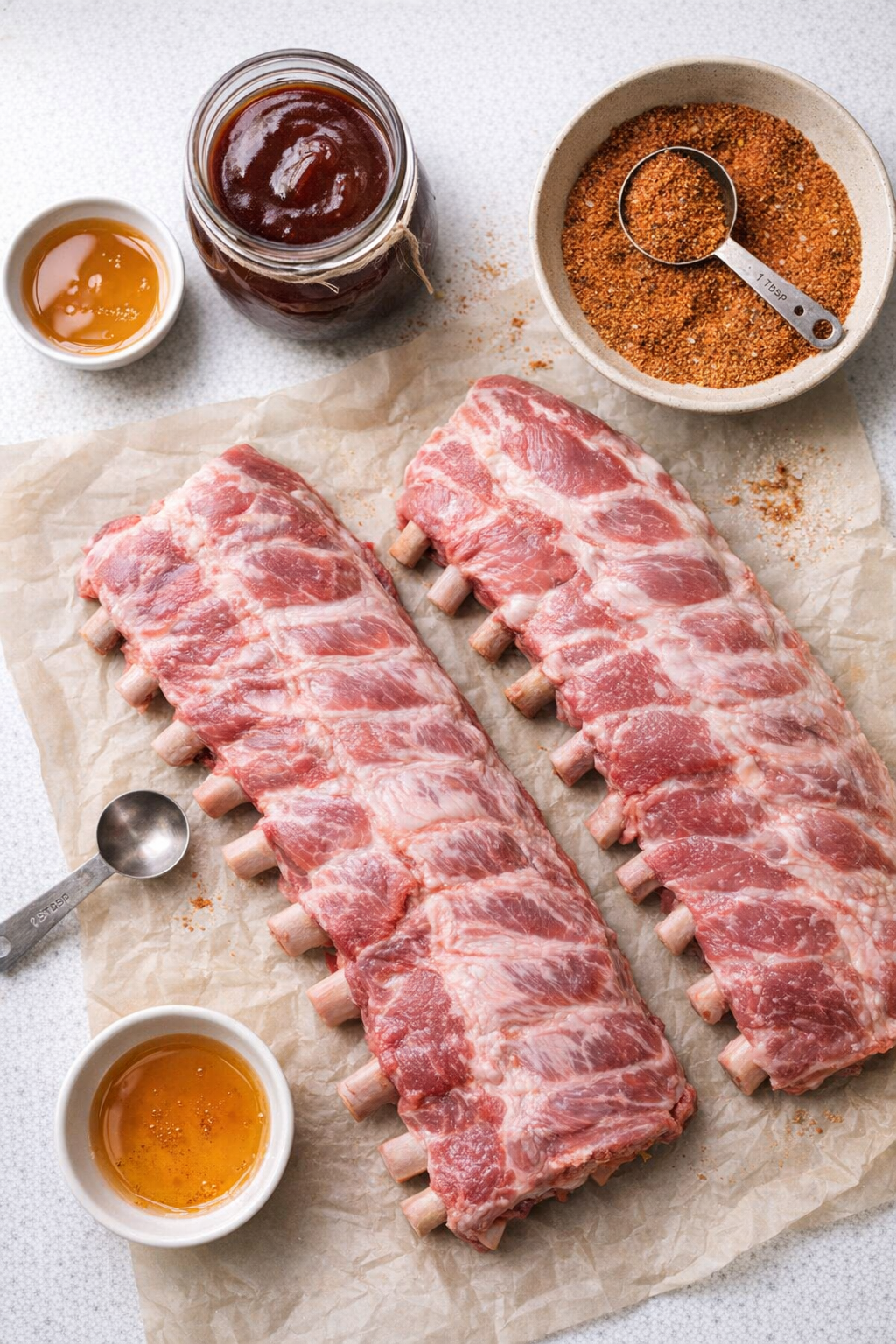 Ribs and simple ingredients laid out on the counter