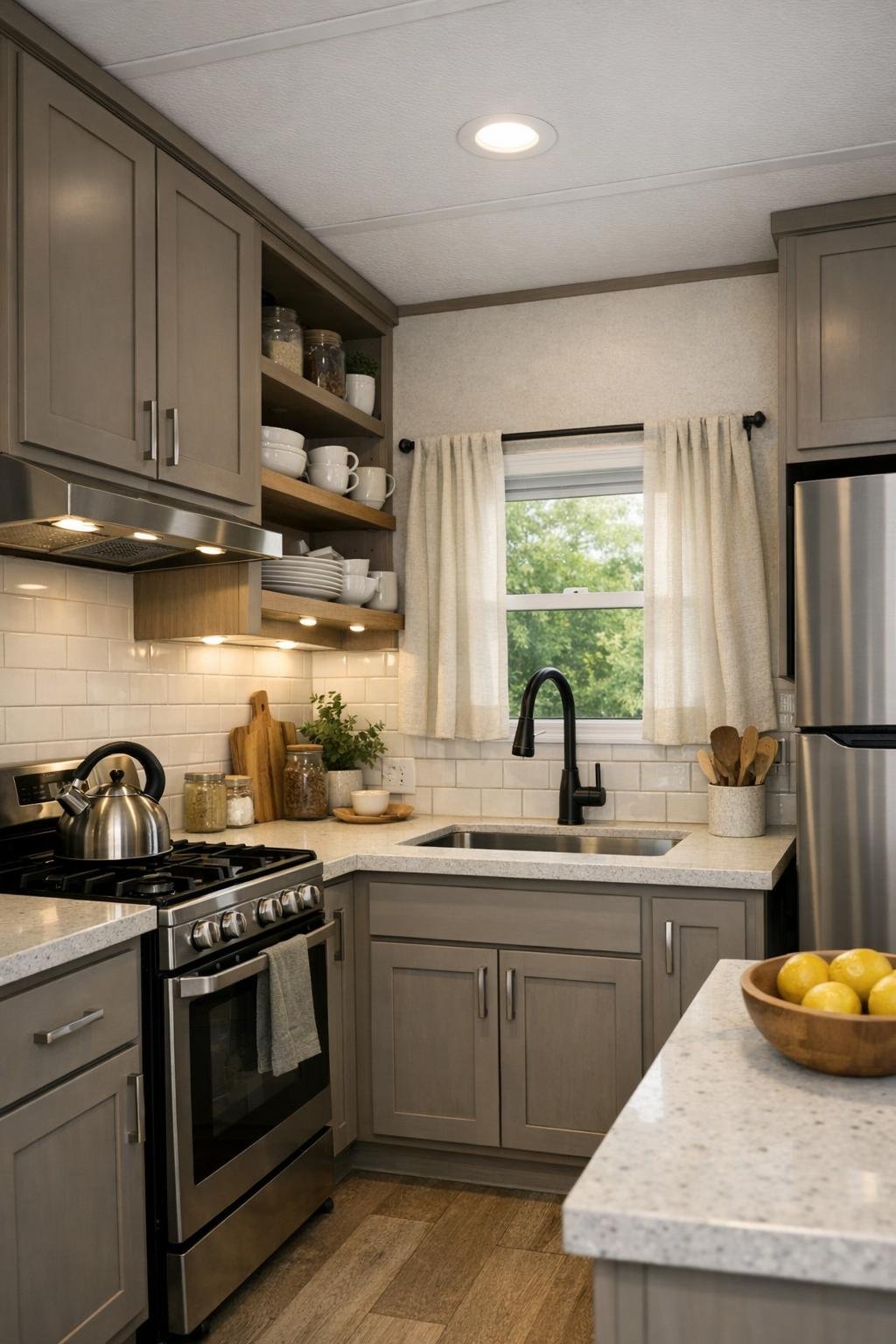 Compact galley kitchen with mushroom-toned cabinets and pale quartz counters