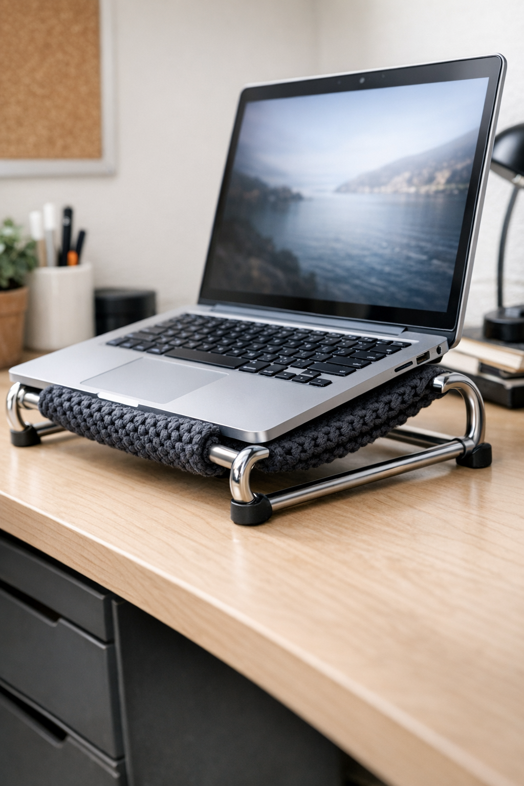 Finished crocheted charcoal gray laptop stand made from a paper towel holder