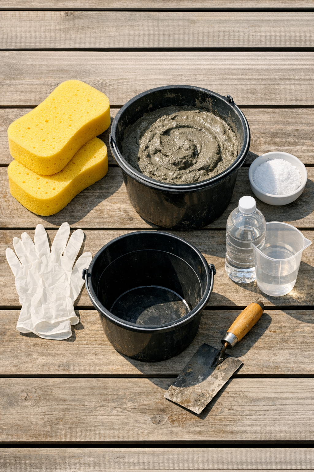 Materials for making porous cement garden bricks laid out on a work surface