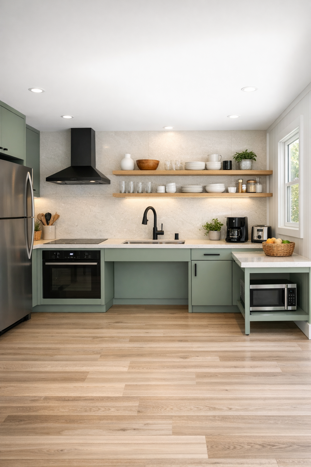 Modern accessible kitchen with soft sage cabinetry, quartz counters, and oak shelving