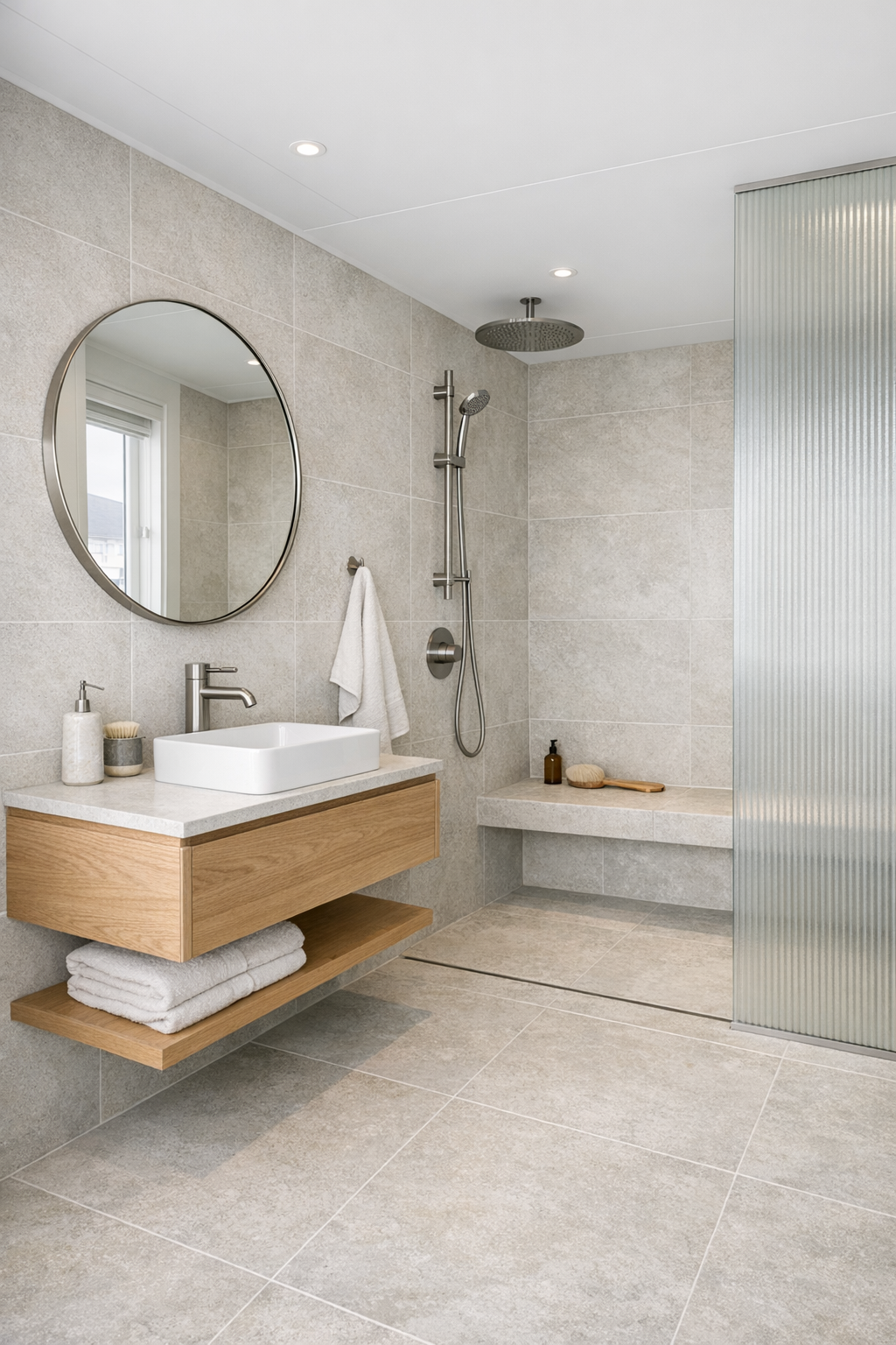 Calm accessible bathroom with stone-look tile, curbless shower, and floating oak vanity