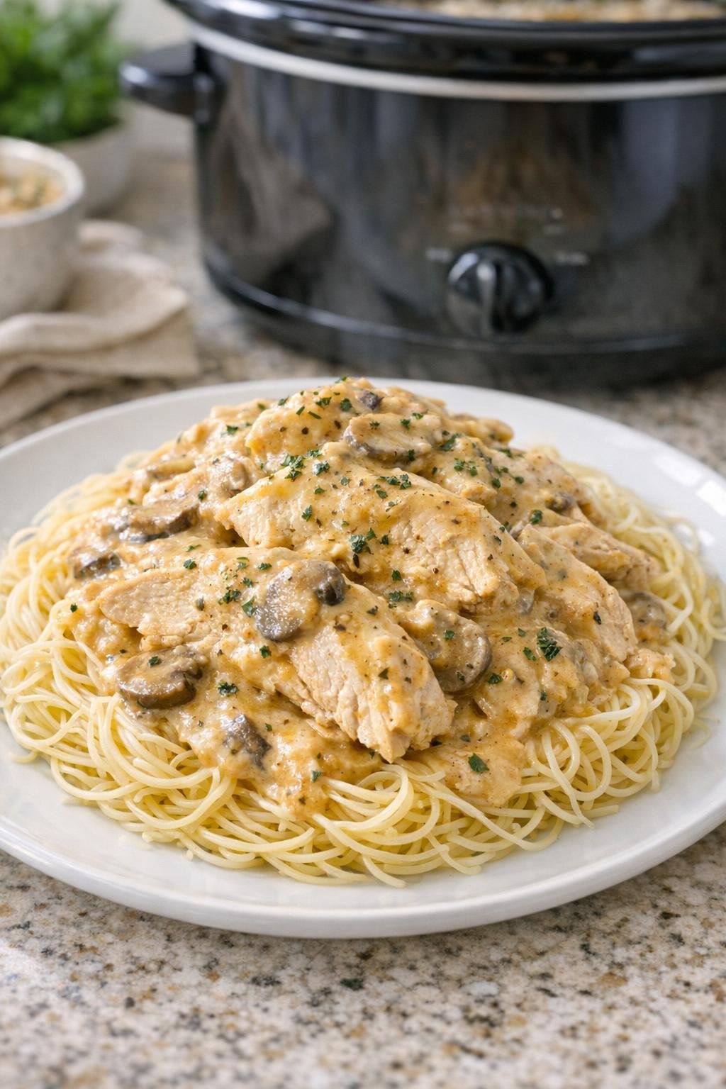 Finished plated angel chicken over pasta